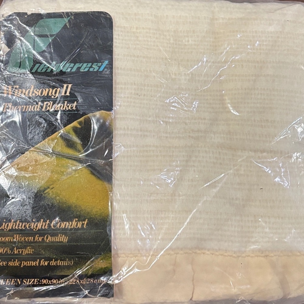 Vtg Fieldcrest Windsong II Thermal Blanket Queen Cream satin trim 90x90 New NOS